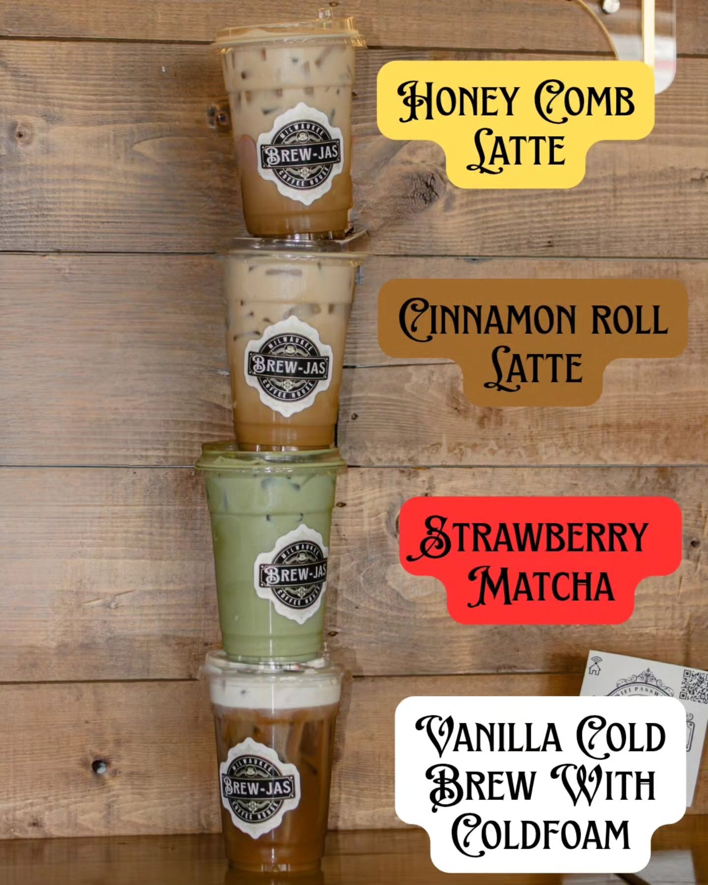 Brew-Jas signature drinks: Honey Comb Latte, Cinnamon Roll Latte, Strawberry Matcha and Vanilla Cold Brew